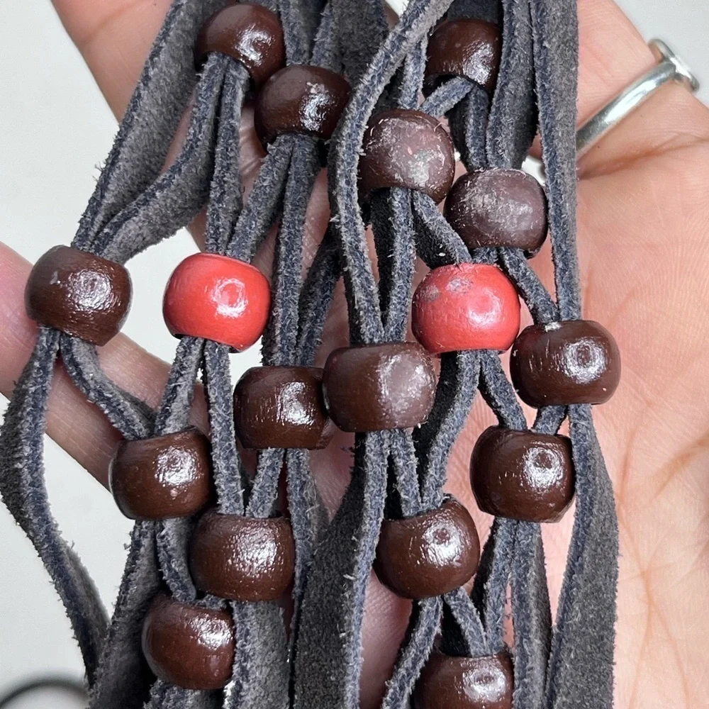 Bohemian Beaded Hippie Suede Leather OS Tie Belt